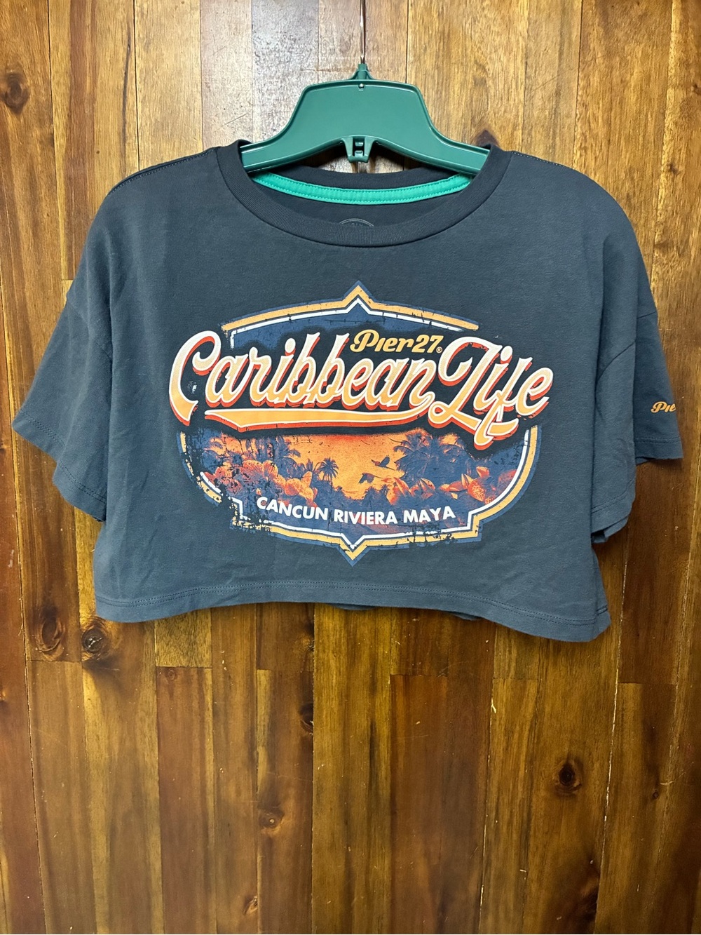Pier 27 Women’s Caribbean Life Graphic Cropped Tee - Navy with Orange Print (S)